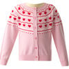 Heart Intarsia Ribbed Neck Pearl Button Cardigan, Powder Pink - Cardigans - 1 - thumbnail