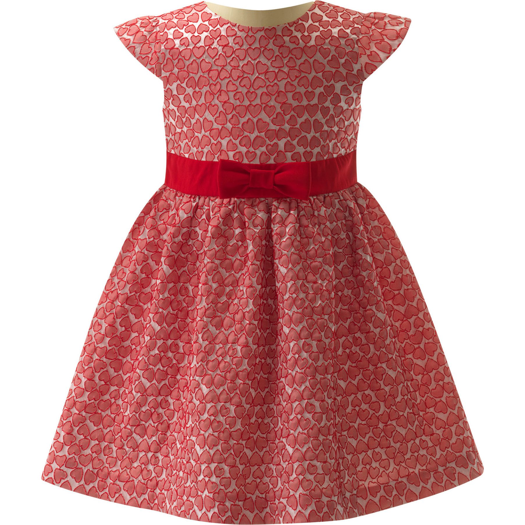 Heart Damask Cap Sleeve Ribbon Bow Waist Skirt Dress, Red - Dresses - 1