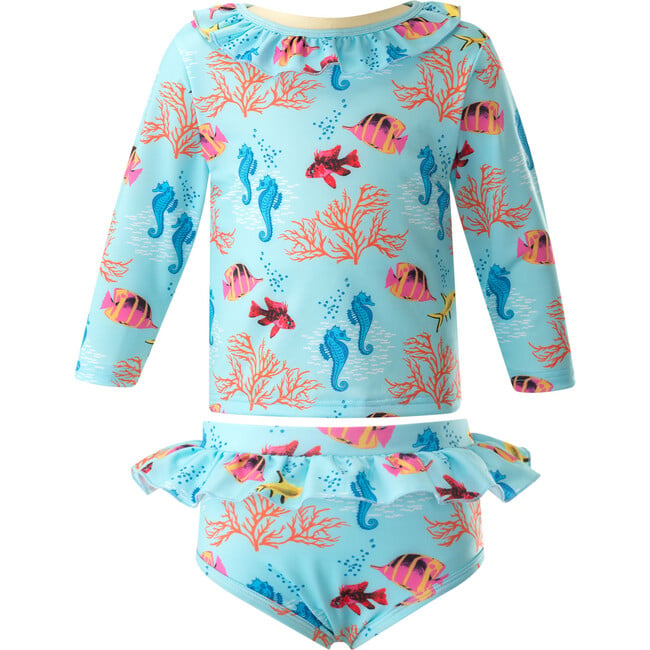 Coral Reef Print Long Sleeve Two-Piece Rashguard Set, Blue