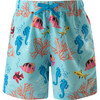 Coral Reef Print Elastic Waist Drawstring Swim Trunks, Blue - Swim Trunks - 1 - thumbnail