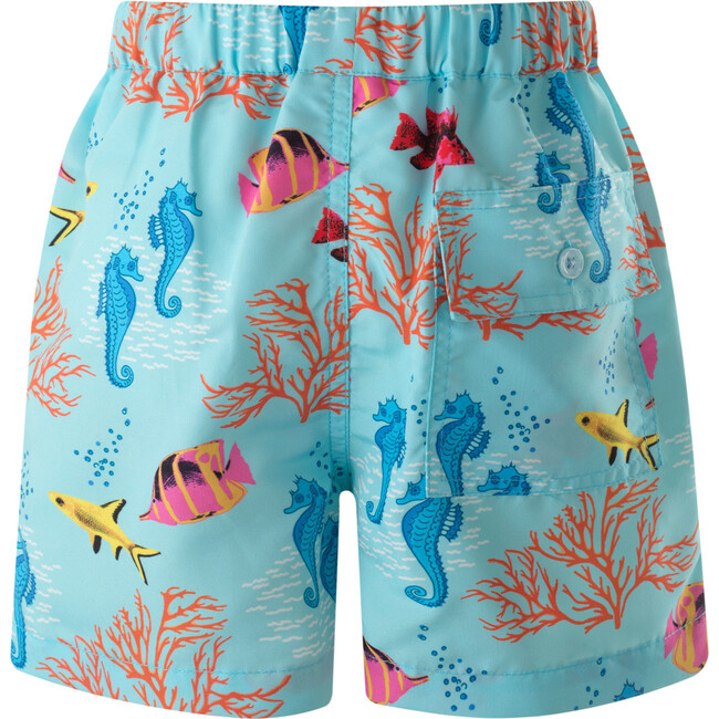 Coral Reef Print Elastic Waist Drawstring Swim Trunks, Blue - Swim Trunks - 2