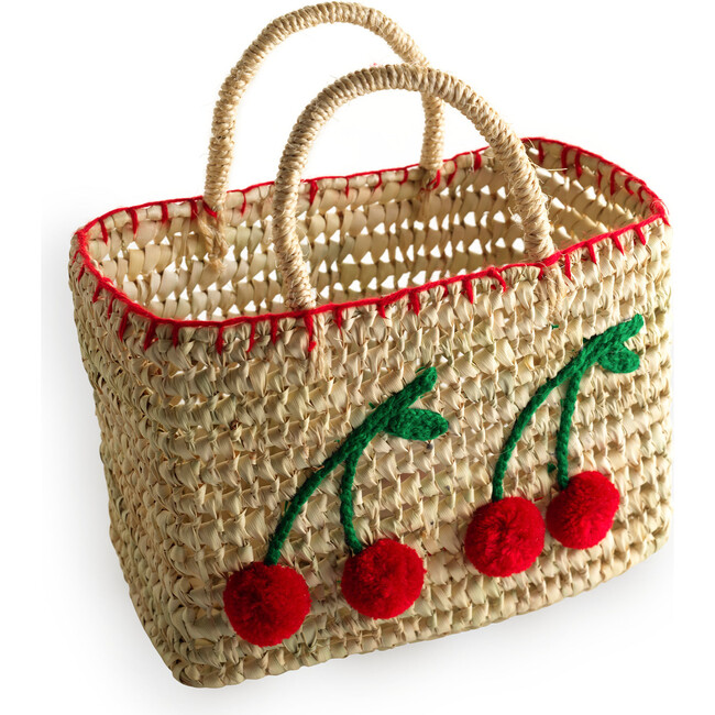 Cherry Embroidered Straw Beach Bag, Red