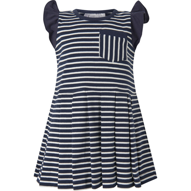 Breton Striped Ruffle Shoulder Tennis Skirt Dress, Navy