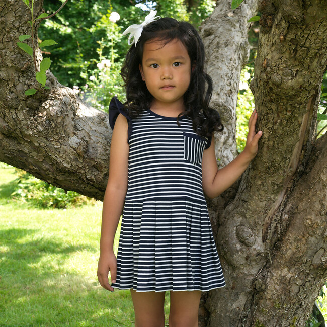 Breton Striped Ruffle Shoulder Tennis Skirt Dress, Navy - Dresses - 3
