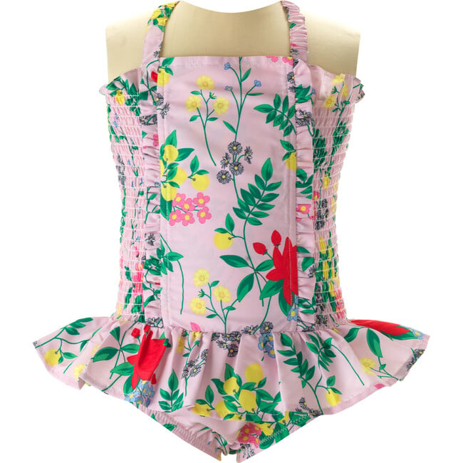 Botanical Floral Print Ruched Elastic Neck Strap Swimsuit, Pink