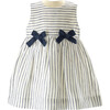 Babys Striped Linen Bow Gathered Skirt Dress & Bloomers, Navy - Dresses - 1 - thumbnail