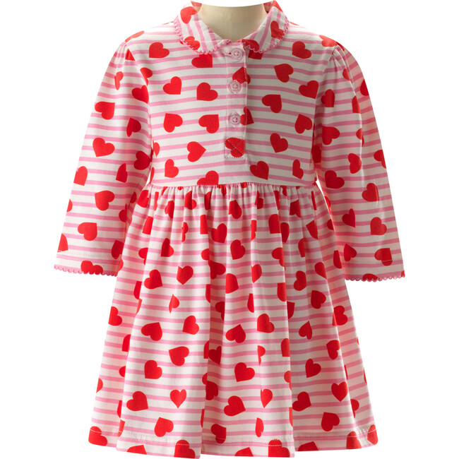 Babys Striped Heart Print Peter Pan Collar Jersey Dress, Pink