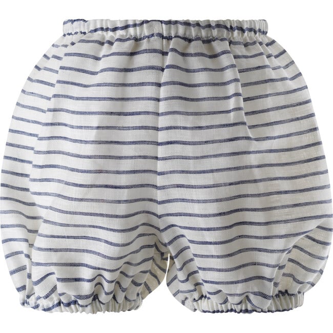 Babys Striped Linen Bow Gathered Skirt Dress & Bloomers, Navy - Dresses - 3