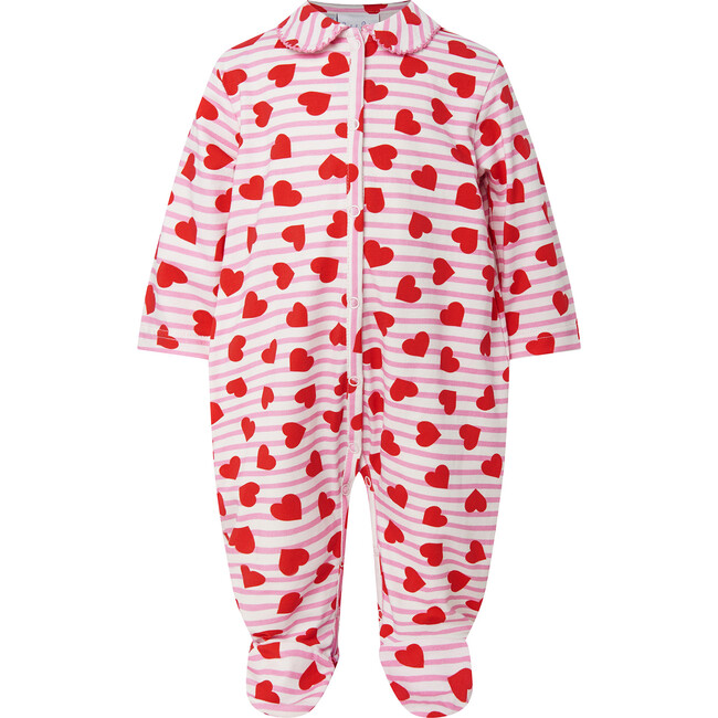 Babys Striped Heart Print Peter Pan Collar Footed Onesie, Pink