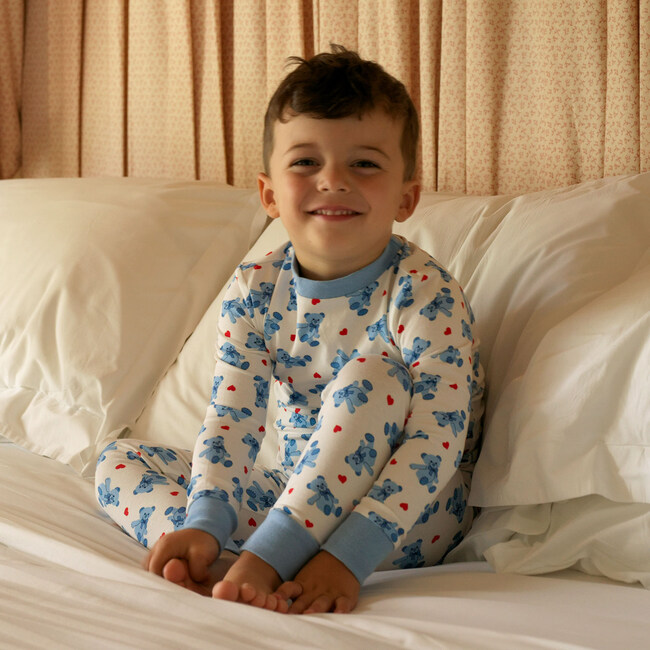 Bear Hearts Print Long Sleeve Jersey Pajamas Set, Blue - Pajamas - 3