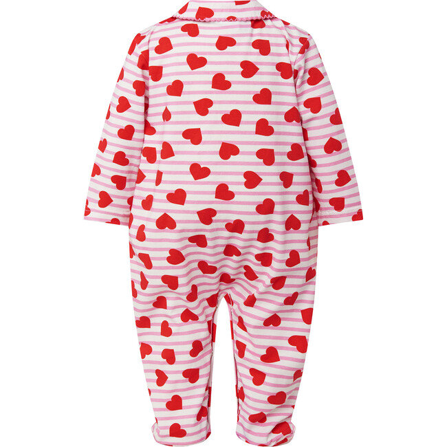 Babys Striped Heart Print Peter Pan Collar Footed Onesie, Pink - Footie Pajamas - 2