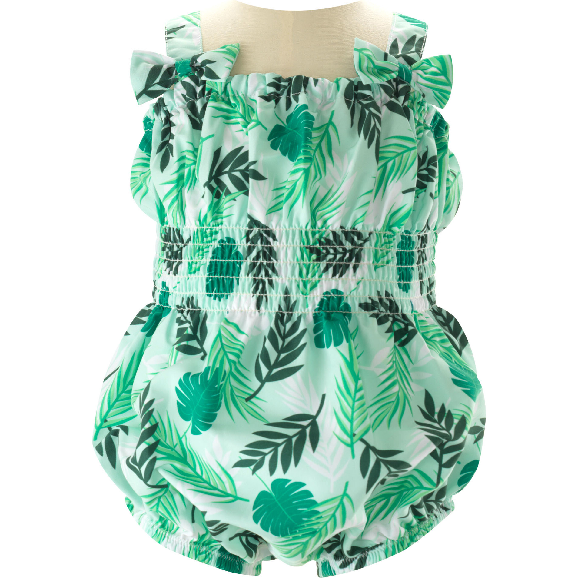 Babys Palm Tree Print Ruched Waist Swim Bubble, Green - One Pieces - 1