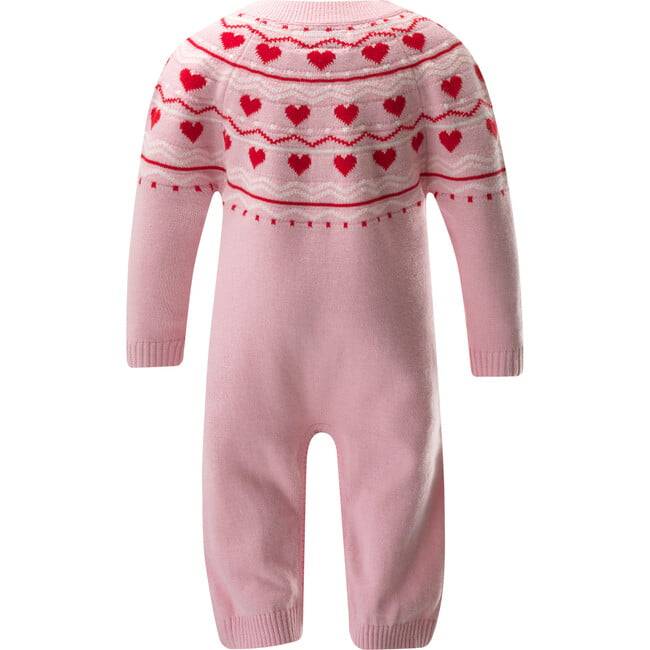 Babys Heart Intarsia Knit Ribbed Neck Long Sleeve Playsuit, Pink - Rompers - 2