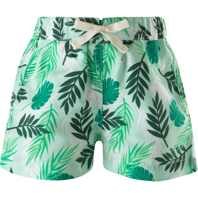 Babys Palm Tree Print Elastic Waist Drawstring Swim Trunks, Green