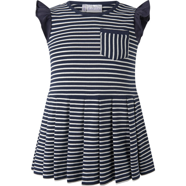 Babys Breton Striped Ruffle Shoulder Tennis Skirt Dress, Navy