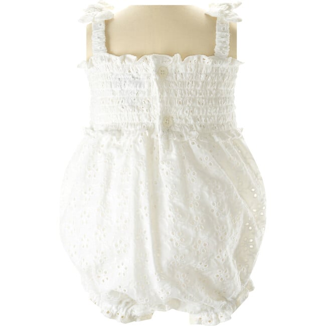 Babys Eyelet Embroidered Ruched Bow Strap Bubble, White - One Pieces - 2