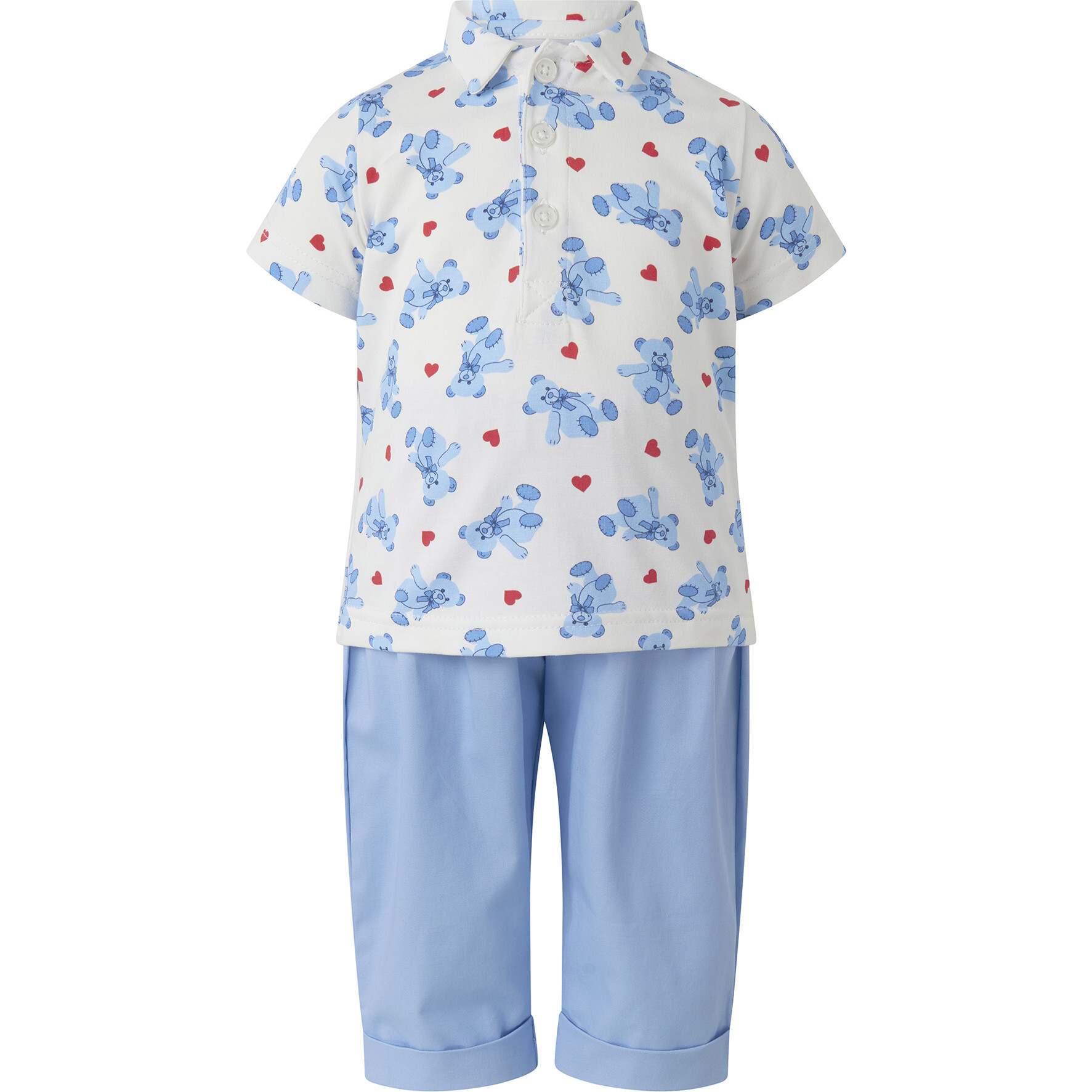 Babys Bear Hearts Print Short Sleeve Polo & Pull-On Trousers Set, Blue - Mixed Apparel Set - 1