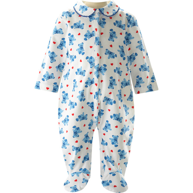 Babys Bear Hearts Print Peter Pan Collar Footed Onesie, Blue