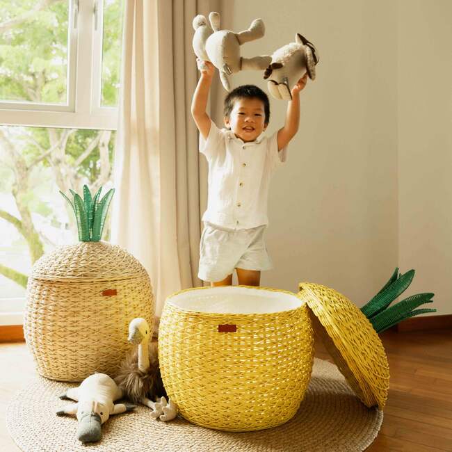 Pineapple Handcrafted Rattan Storage Basket With Removable Lining, Yellow - Storage Baskets - 6