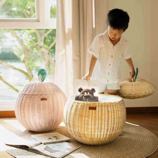 Apple Handcrafted Rattan Storage Basket With Removable Lining, Soft Pink - Storage Baskets - 7