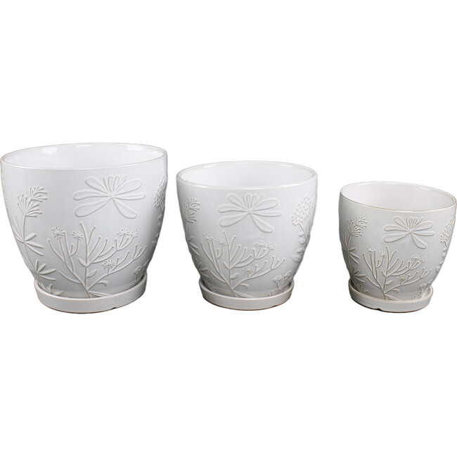 10-Inch, 8-Inch & 6.75-Inch Jungle Flowers Ceramic Pot, Ivory (Set Of 3)