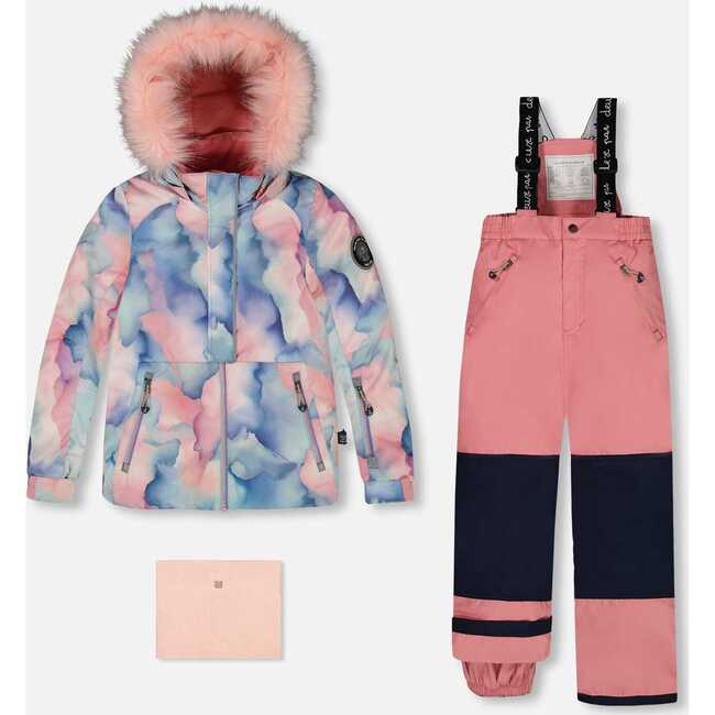 Two Piece Snowsuit, Printed Pastel Watercolor And Dusty Pink