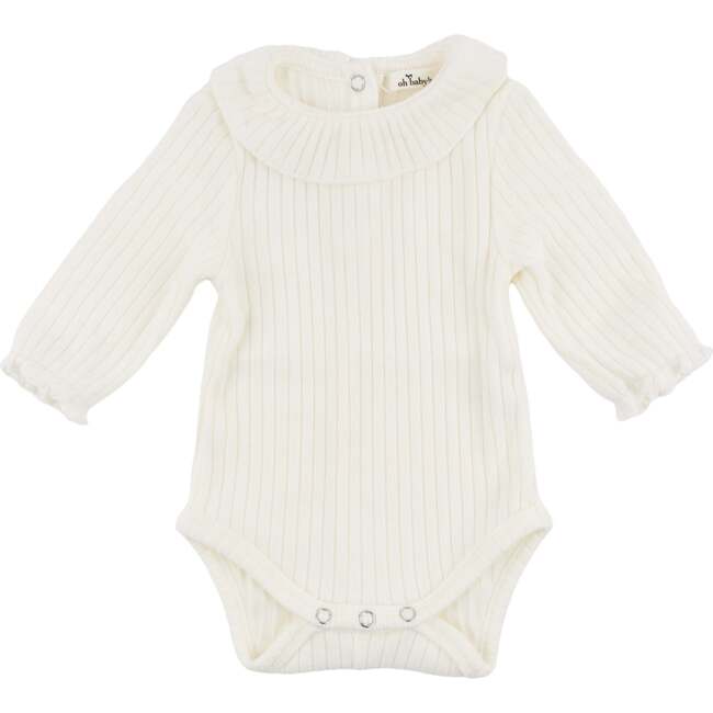 Wide Rib Fuzzy Sweater Knit Ruffle Neck Onesie, Cream