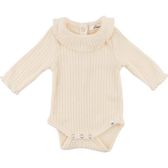 Wide Rib Fuzzy Sweater Knit Ruffle Neck Onesie, Vanilla