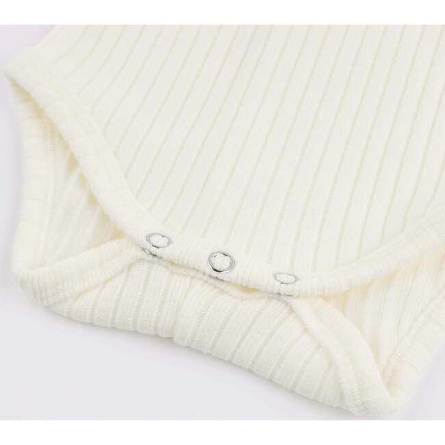 Wide Rib Fuzzy Sweater Knit Ruffle Neck Onesie, Cream - Onesies - 3