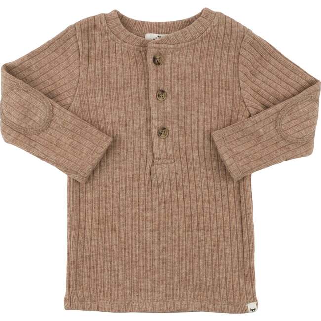 Wide Rib Fuzzy Sweater Knit Elbow Patch Henley, Mushroom Heather