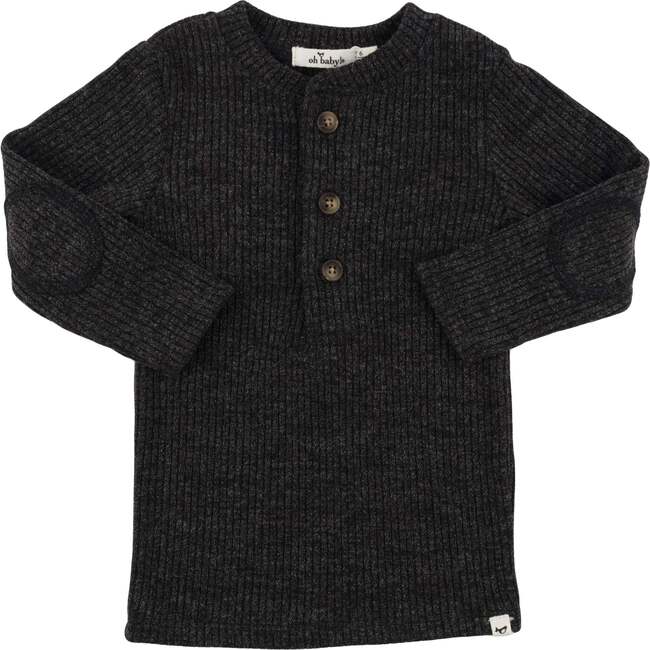 Wide Rib Fuzzy Sweater Knit Elbow Patch Henley, Charcoal Pepper