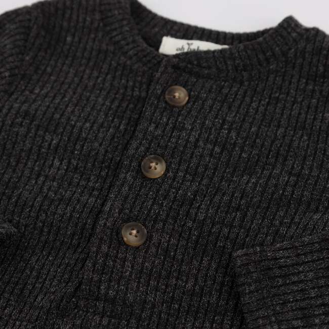 Wide Rib Fuzzy Sweater Knit Elbow Patch Henley, Charcoal Pepper - T-Shirts - 3