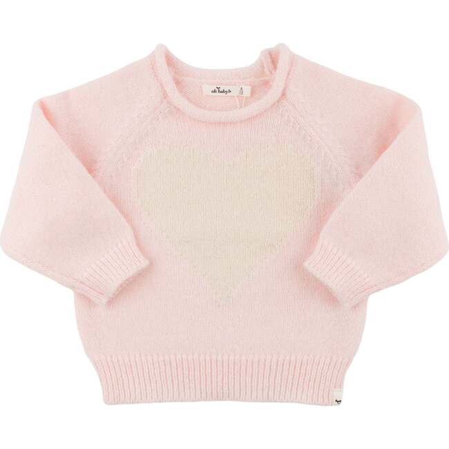 Cream Heart Crew Neck Sweater, Baby Pink