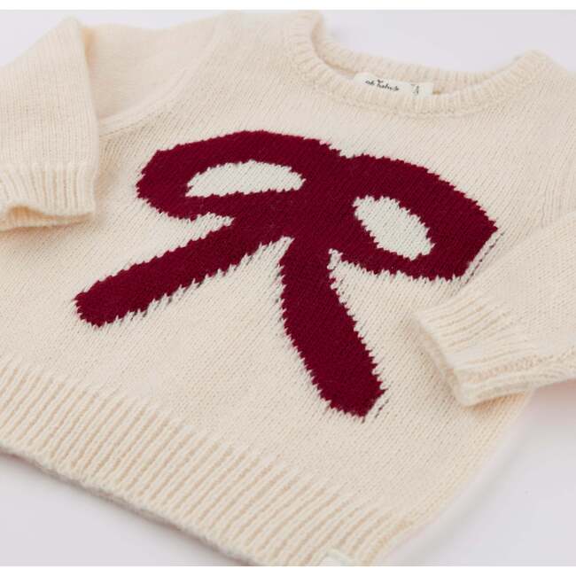 Berry Red Bow Crew Neck Sweater, Cream - Sweaters - 3