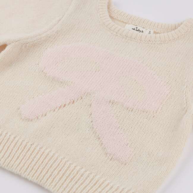 Baby Pink Bow Crew Neck Sweater, Cream - Sweaters - 3