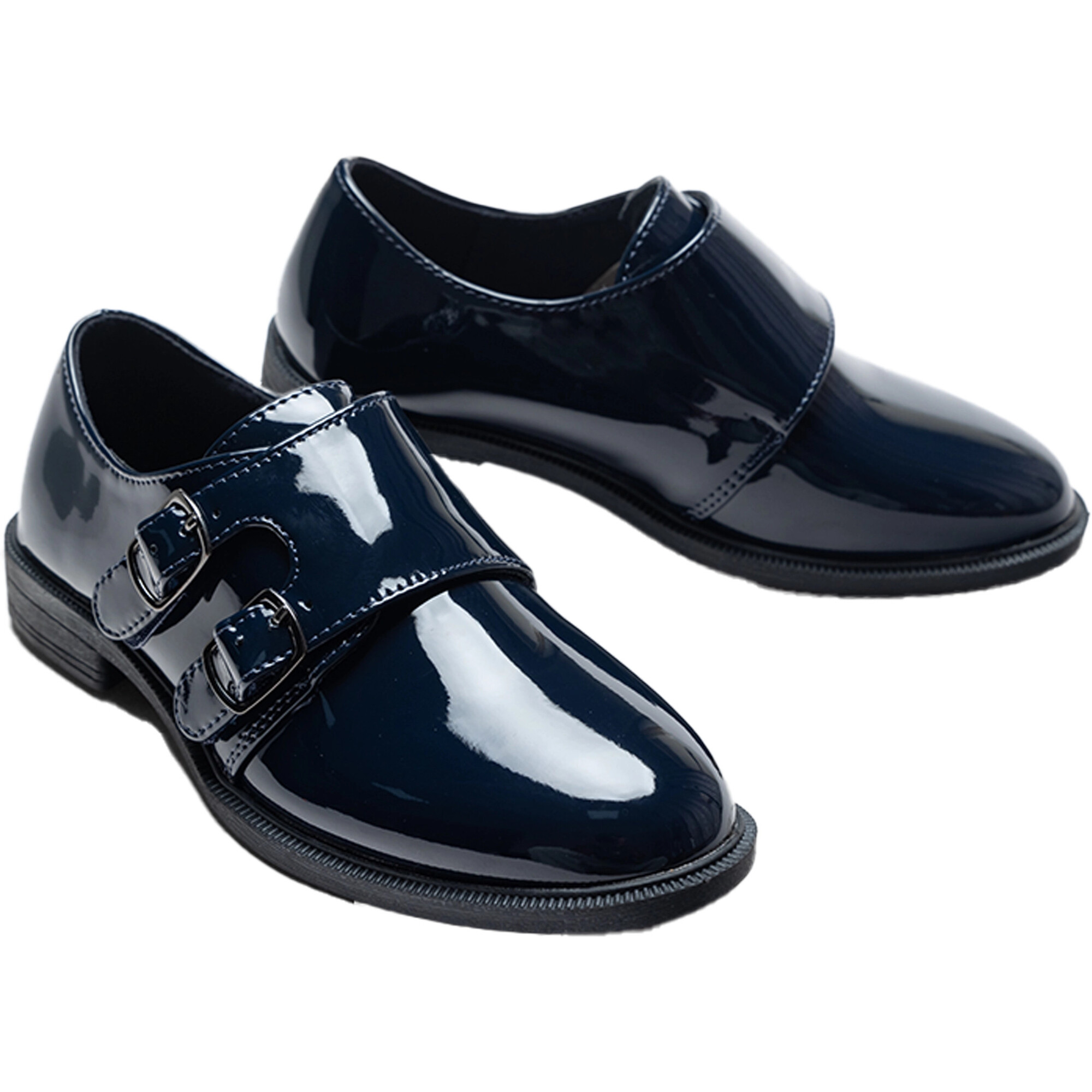 Patent Buckle Loafers, Navy - Dress Shoes - 1