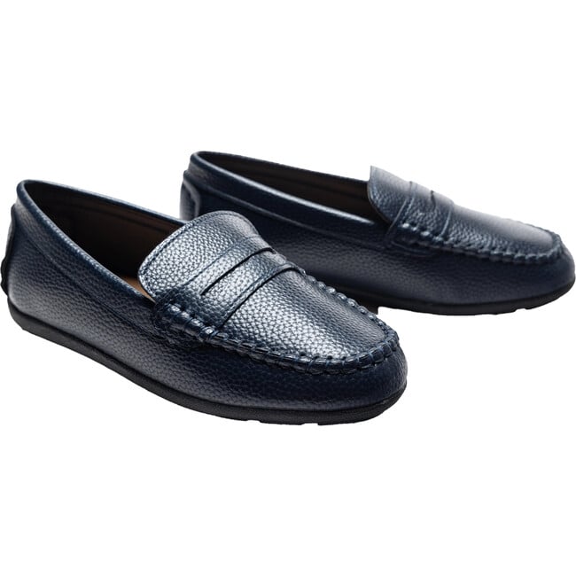 Faux Leather Penny Loafers, Navy - Slip Ons - 3