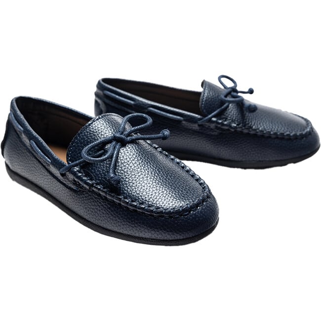 Faux Leather Laced Loafers, Navy - Slip Ons - 3