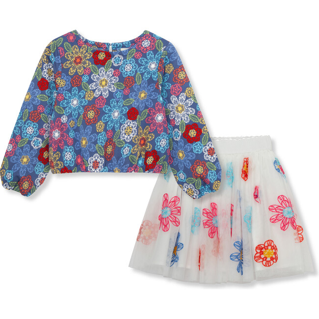 Floral Pullover & Embroidered Tutu Skirt Set, Multi