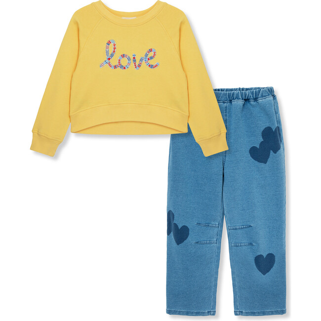 Love Embroidered Sweatshirt & Knit Denim Pant Set, Yellow