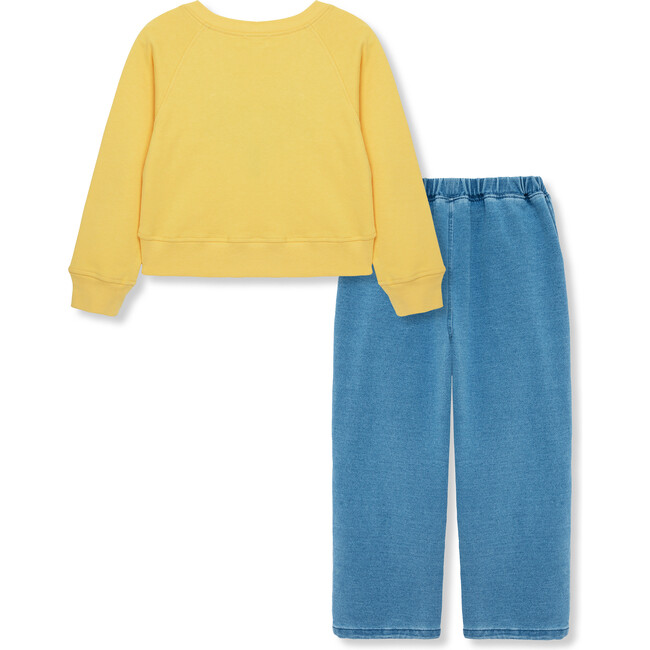 Love Embroidered Sweatshirt & Knit Denim Pant Set, Yellow - Mixed Apparel Set - 2