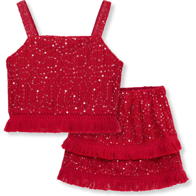 Sequin Fringe Skirt Set, Red