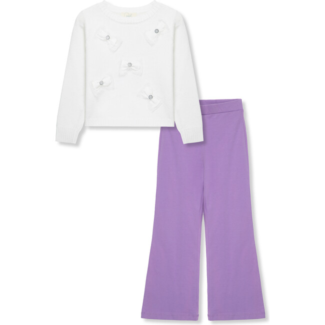 Bow Applique Sweater & Pant Set, White