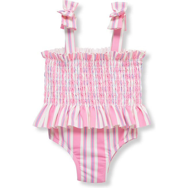 Infant Smocked One-Piece Stripe Swimsuit, Pink