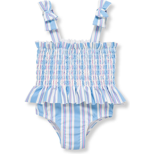 Infant Smocked One-Piece Stripe Swimsuit, Light Blue