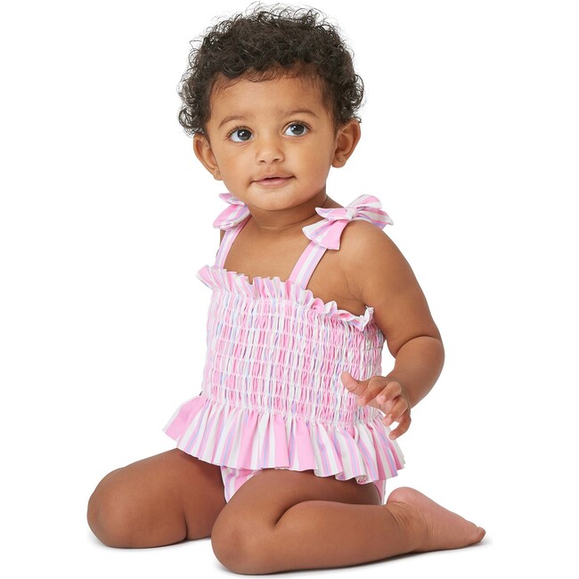 Infant Smocked One-Piece Stripe Swimsuit, Pink - One Pieces - 2