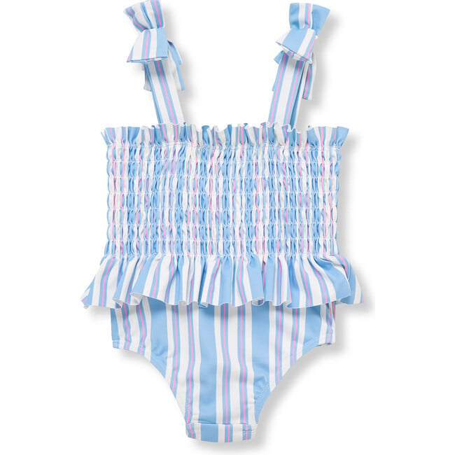 Infant Smocked One-Piece Stripe Swimsuit, Light Blue - One Pieces - 3