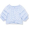 Gathered Woven Top, Blue - Blouses - 1 - thumbnail