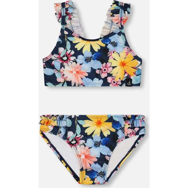 Two-Piece Swimsuit, Navy And Yellow And Pink Flowers