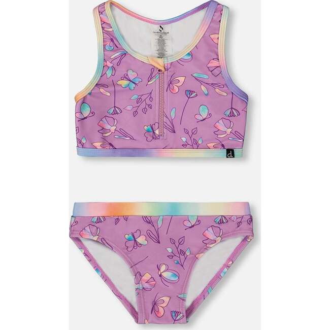 Two-Piece Swimsuit, Old Mauve And Multicolored Butterflies - Two Pieces - 1
